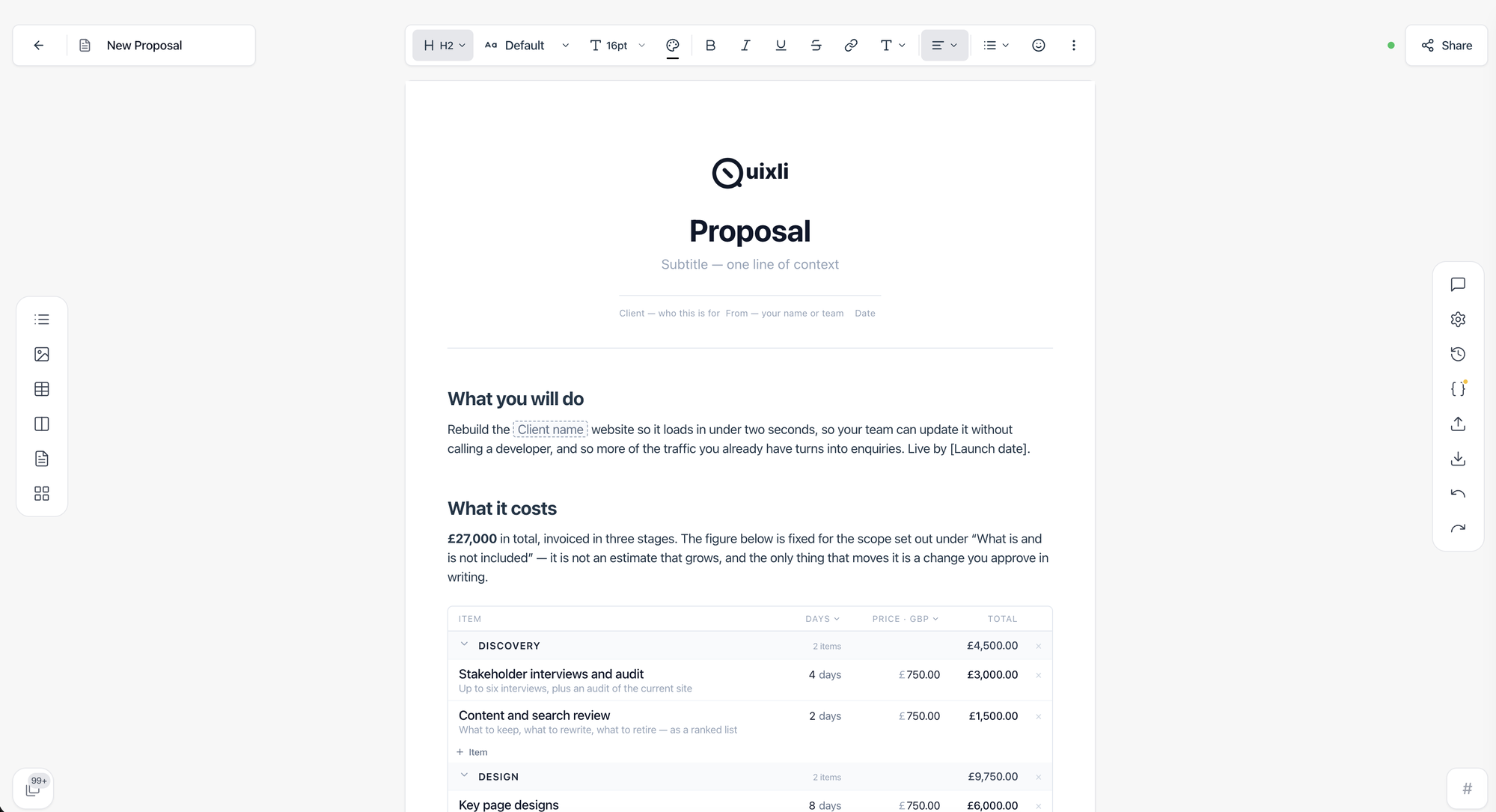 The Proposal template open in the Quixli editor: its cover, the opening sections, and the pricing block with per-section subtotals.